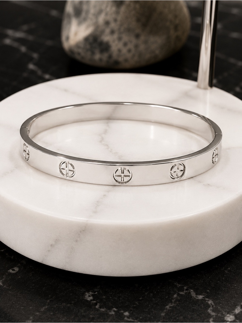 Stainless Steel Bangle Bracelet with Cutout Motif Luxury Inspired Size 7